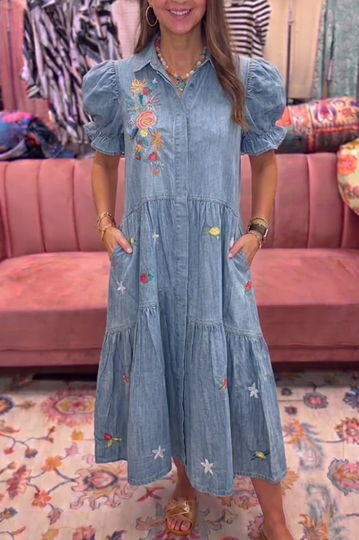 Denim Floral Puff Sleeve Pocket Dress