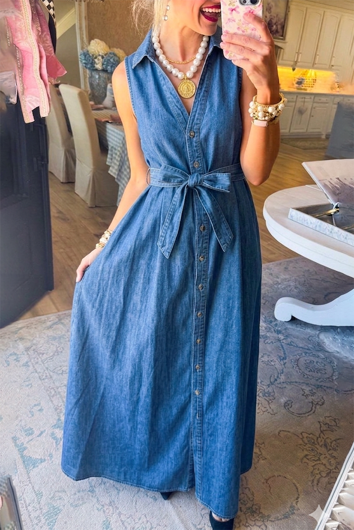 Collared Tie Waist Denim Maxi Dress