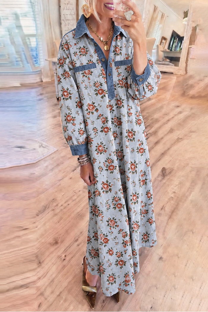 Floral Denim Trim Pocket Maxi Dress