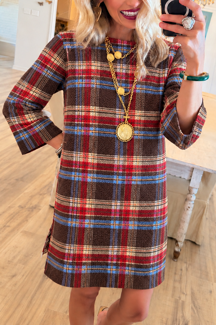 Brown Tartan Plaid Shift Knit Dress