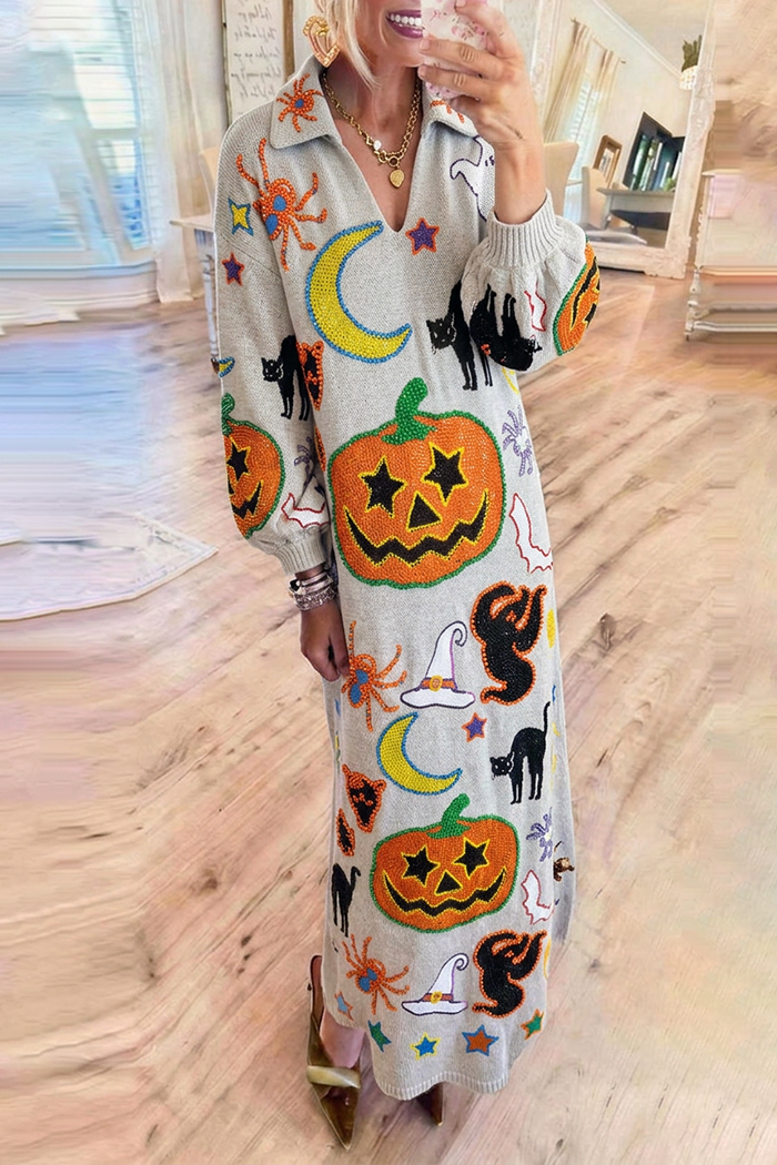 Halloween Bead Embellished Collared Knit Maxi Dress