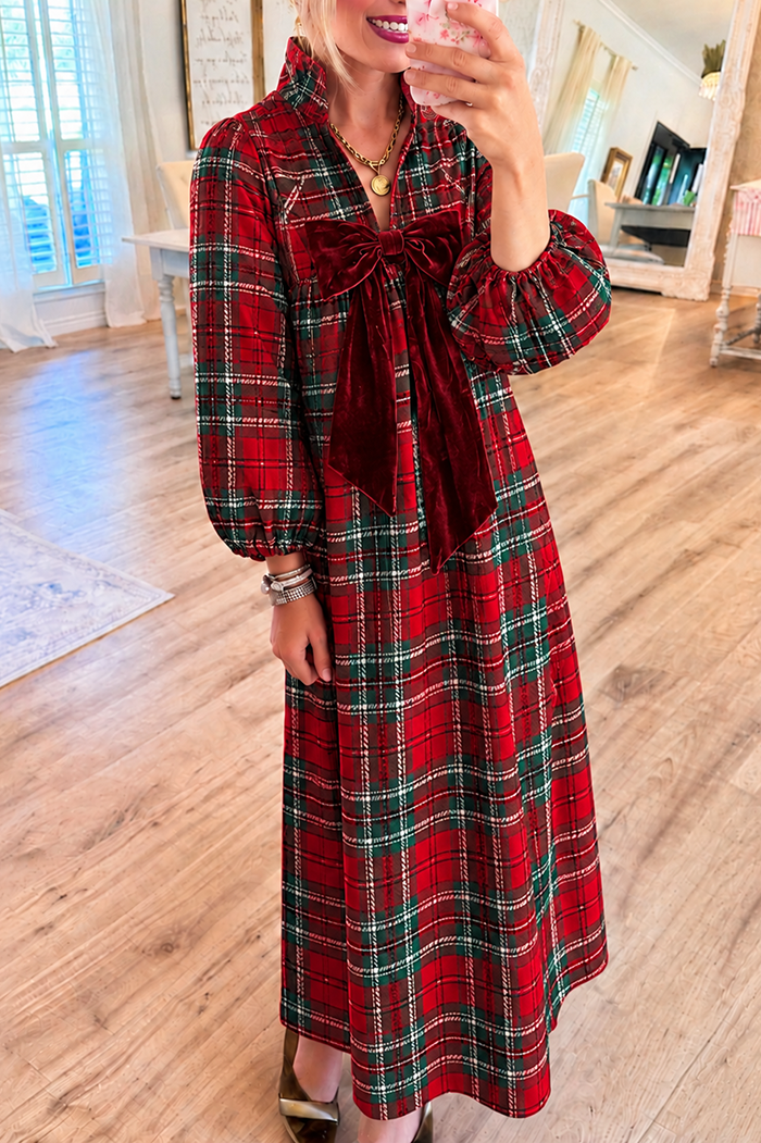 Red Plaid Velvet Bow Puffed Long Sleeves Maxi Dress