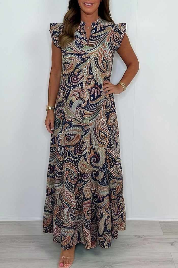 Ruffle Sleeve Paisley Print Maxi Dress