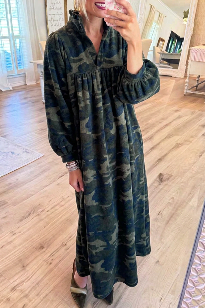 Ruffle Stand Collar Camo Pocket Maxi Dress