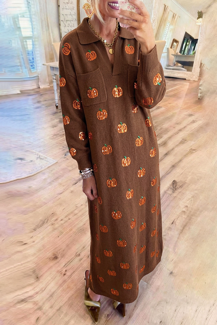 Brown Sequin Pumpkin Collared Pockets Knit Maxi Dress