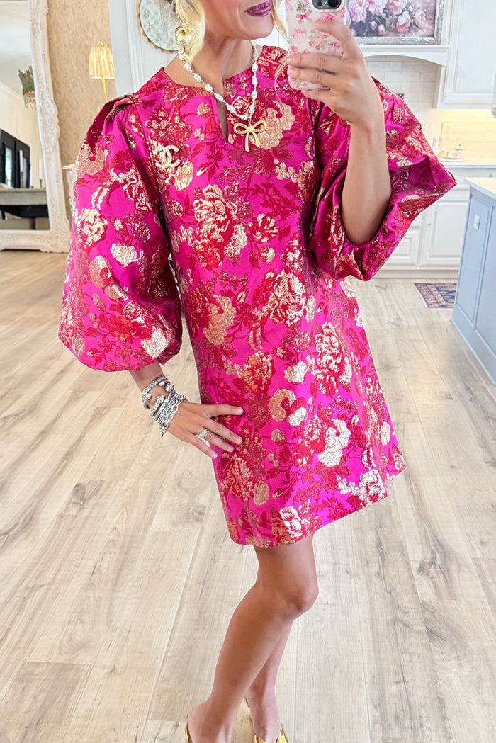 Hot Pink Gold Accent Jacquard Shift Dress