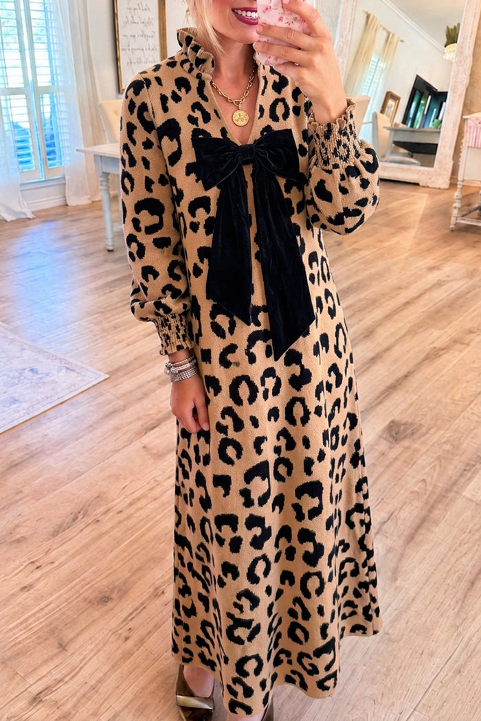 Leopard Knit Velvet Bow Pocket Maxi Dress