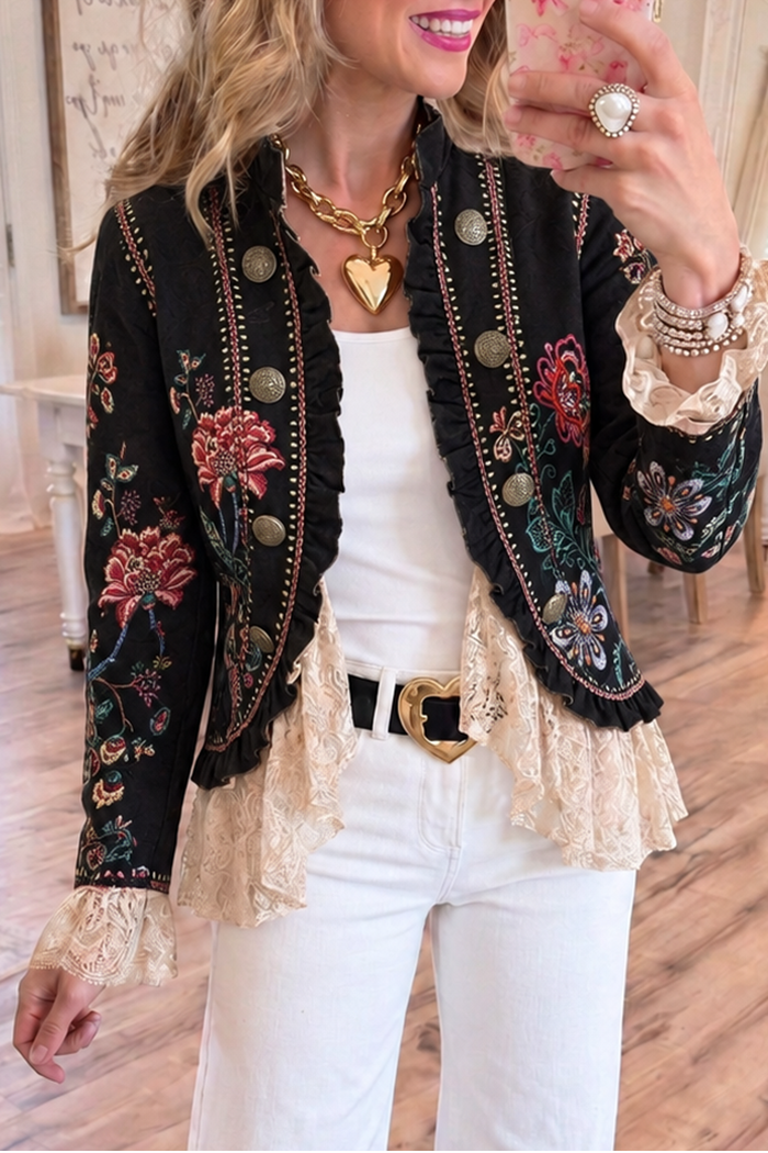 Floral Embroidery Lace Hem Jacket