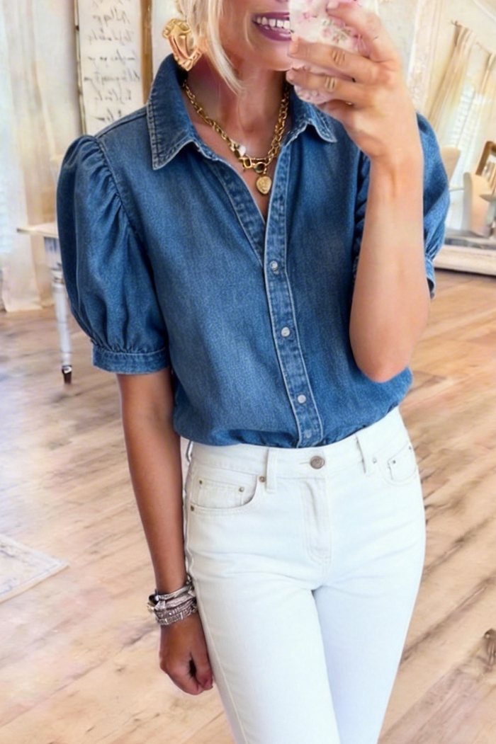 Puff Sleeve Button Front Denim Top