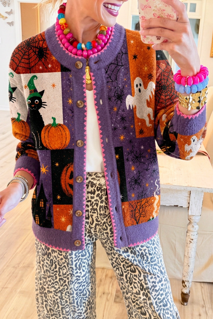 Round Neck Knit Halloween Patchwork Jacquard Cardigan
