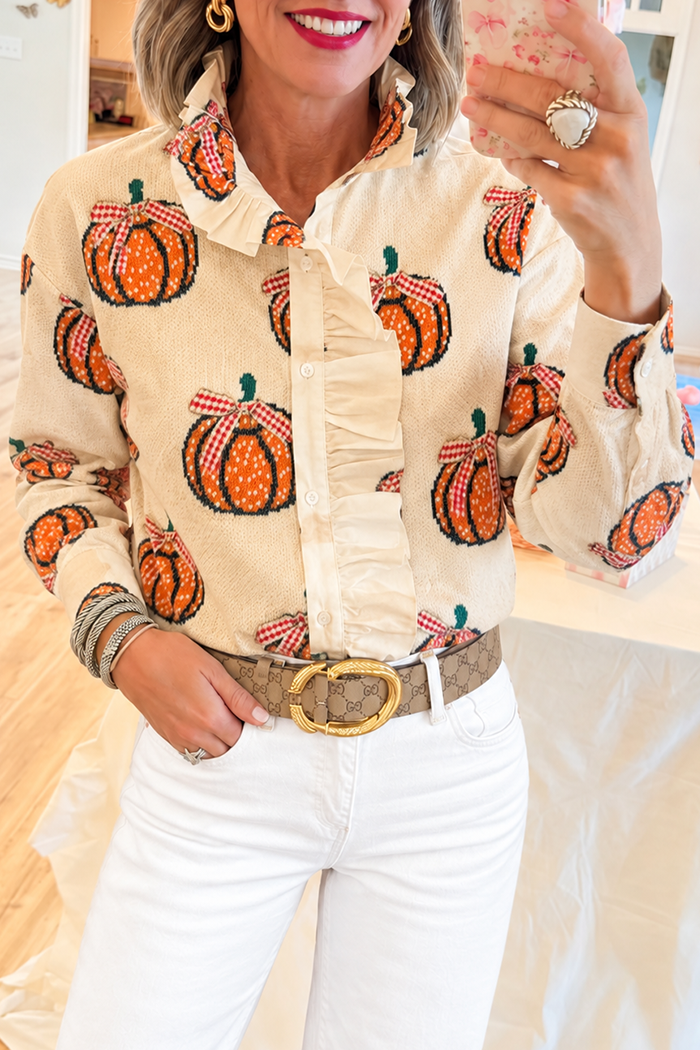 Cream Long Sleeve Pumpkin Ruffle Front Top