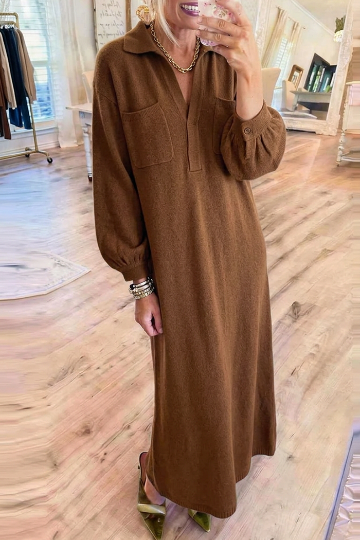 Brown Knit Collared Balloon Sleeves Maxi Dress