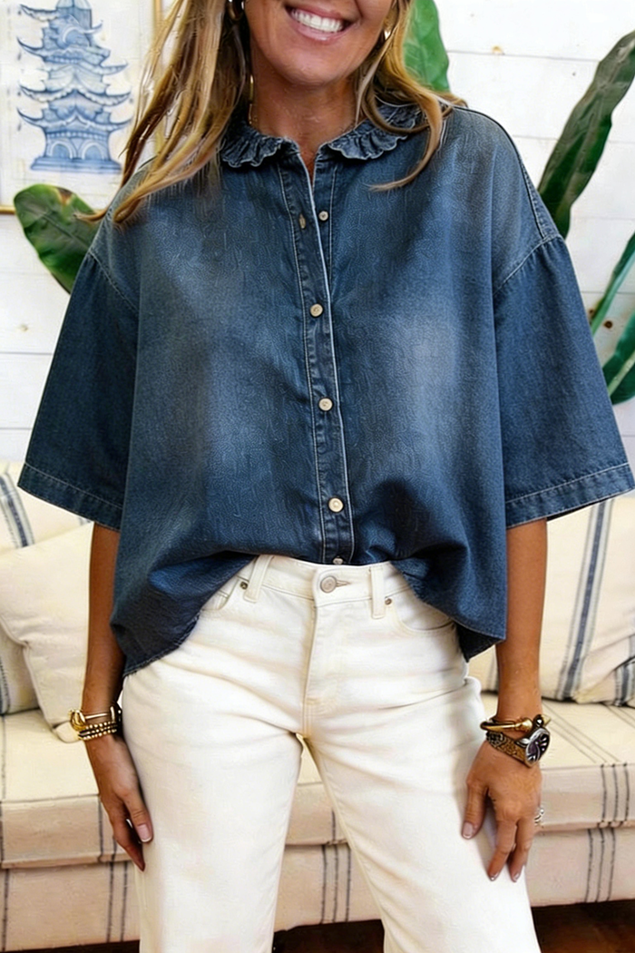 Ruffled Collar Button Denim Top