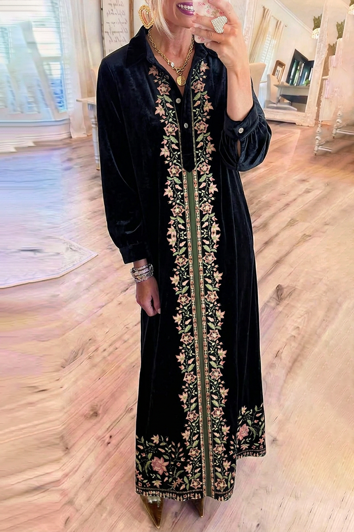 Velvet Floral Embroidered Collared Balloon Sleeve Maxi Dress