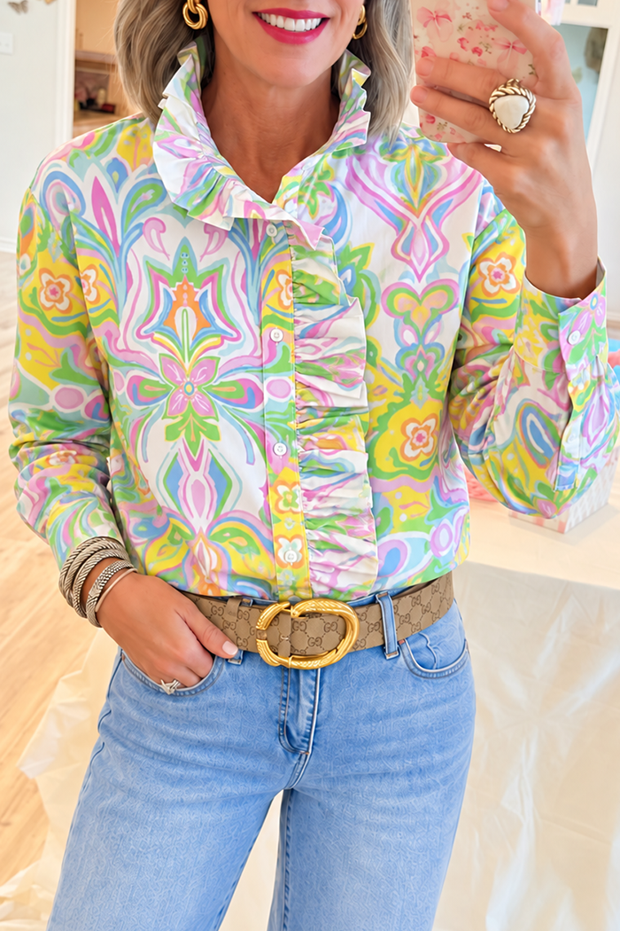 Multi Pastel Floral Ruffle Front Top