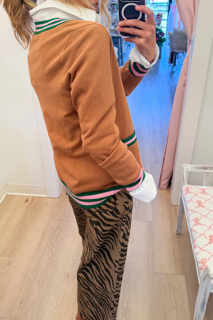 Camel Striped Trim Pocket Cardigan