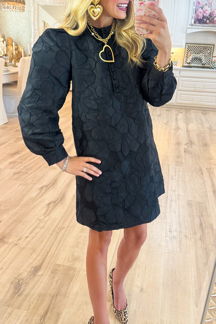 Floral Jacquard Puff Shoulder Dress