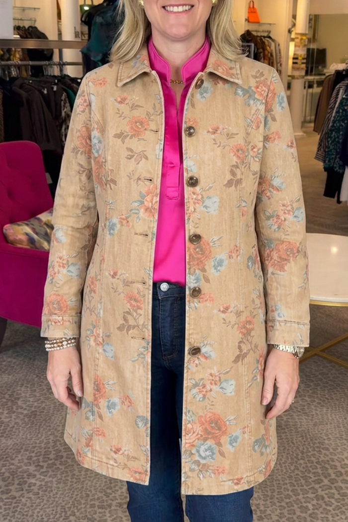 Collared Vintage Floral Button Pocket Jacket