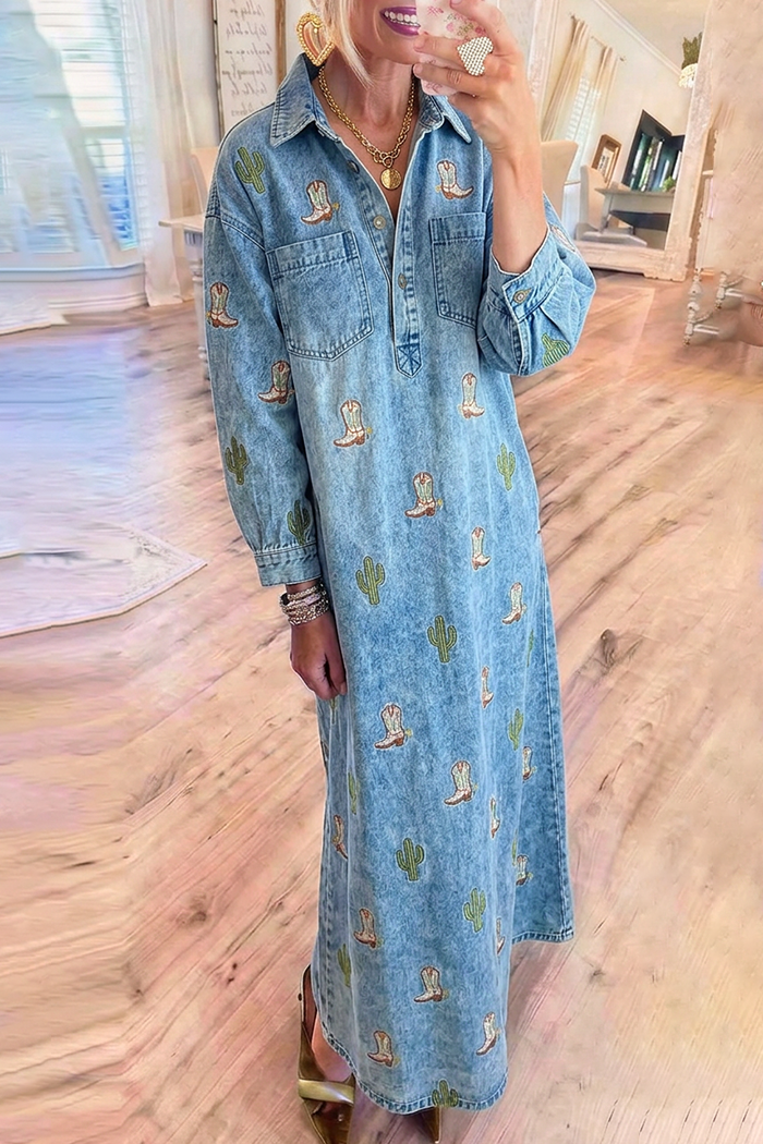 Light Blue Denim Western Embroidered Maxi Shirt Dress