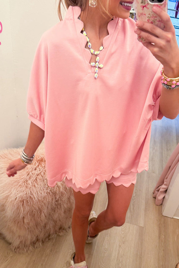 Pink Scallop Hem Pocket Short Set