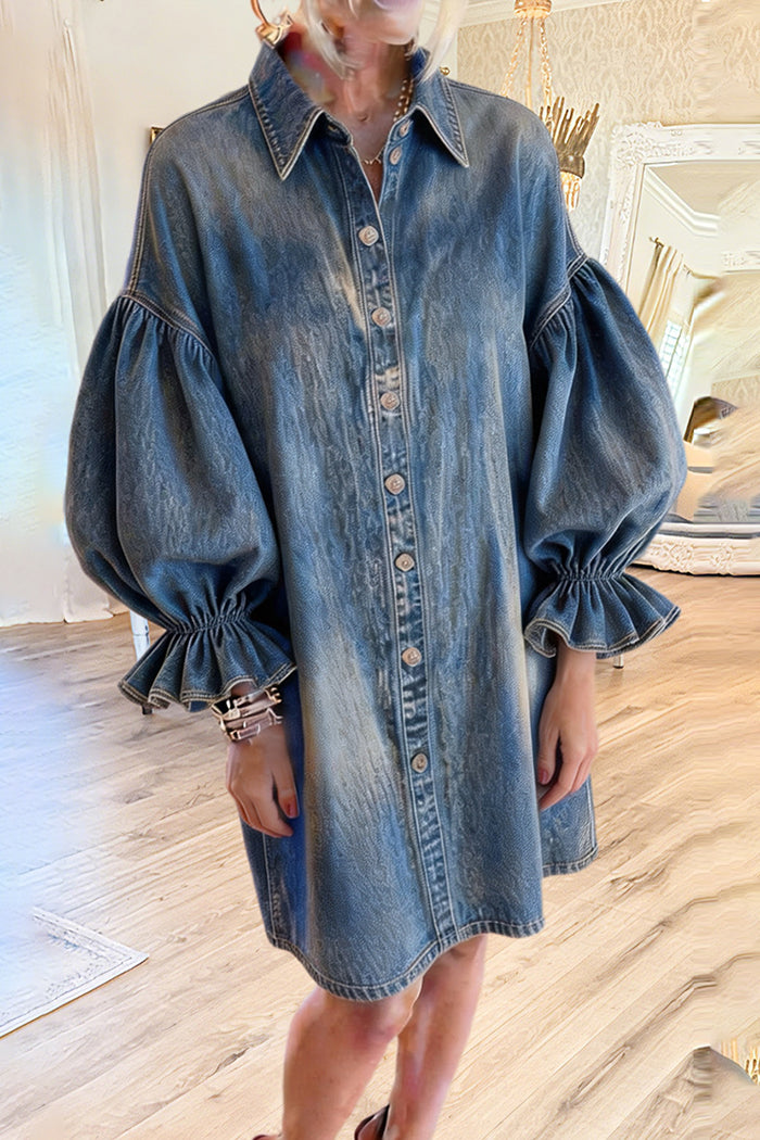 Long Puff Sleeves Button-Front Denim Dress