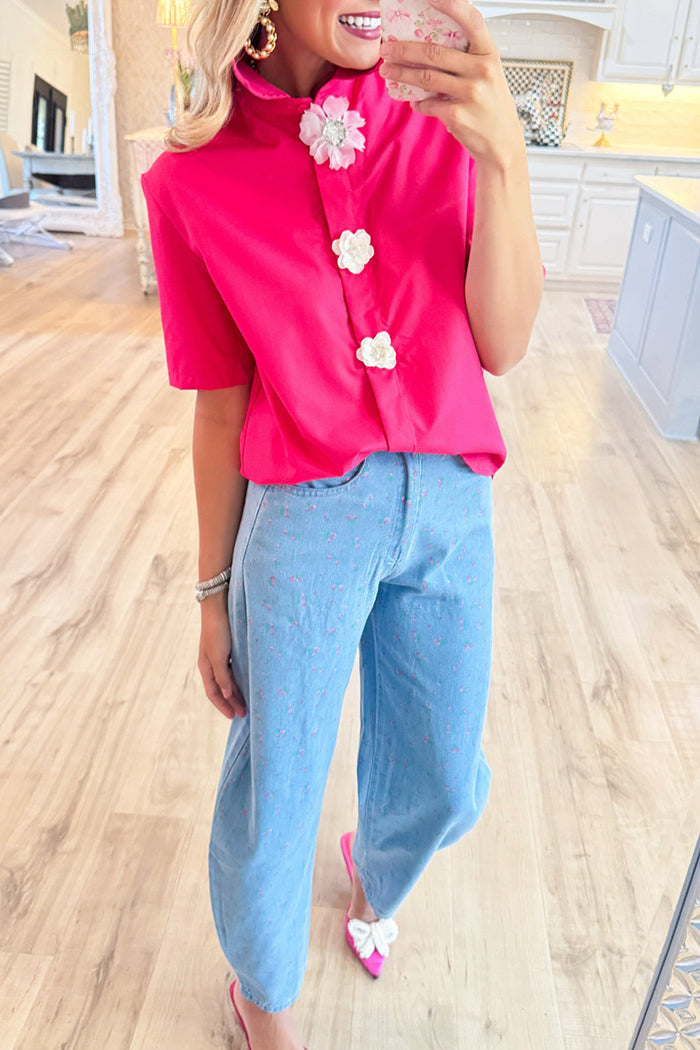 Pearl Flower Button Short Sleeve Top