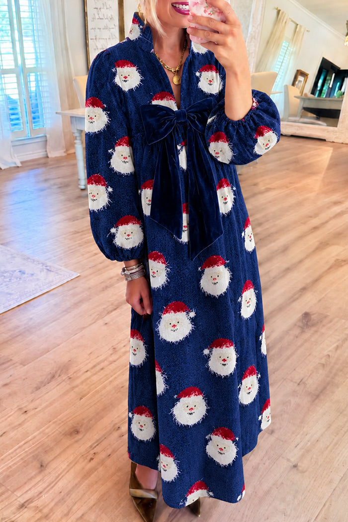 Velvet Bow Santa Print Maxi Dress