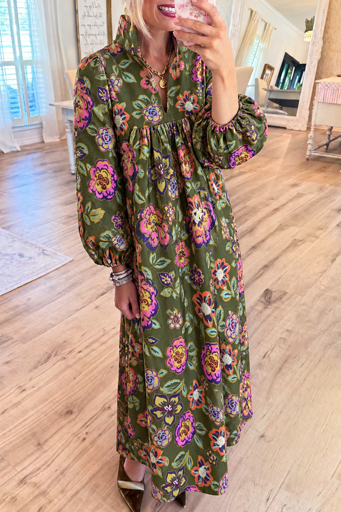 Olive Floral Bubble Sleeve Maxi Dress