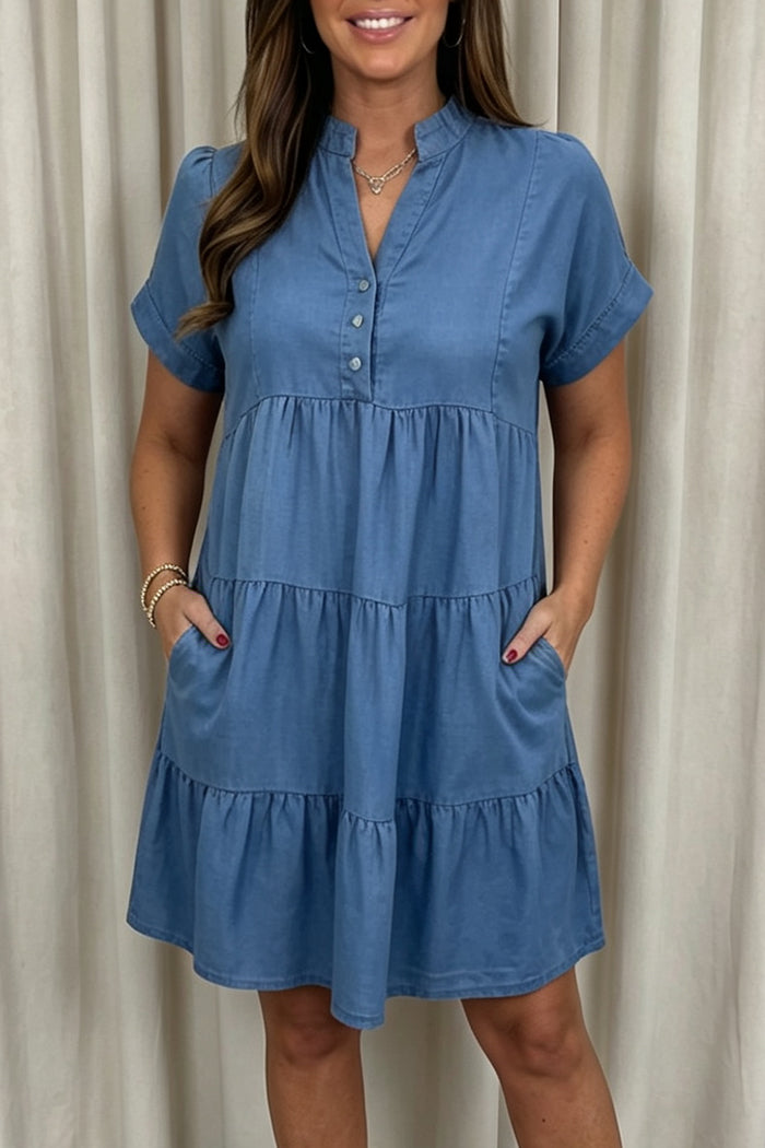 Short Sleeve Ruffle Hem Pocket Denim Dress