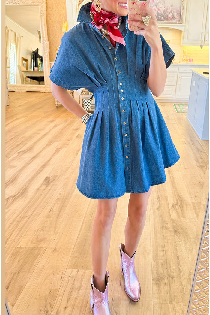 Casual Denim Pleated Button Down Dress
