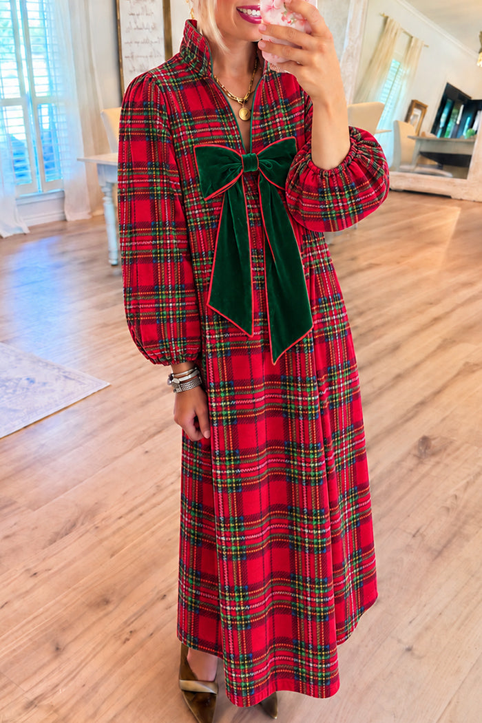 Red Tartan Plaid Green Bow Maxi Dress