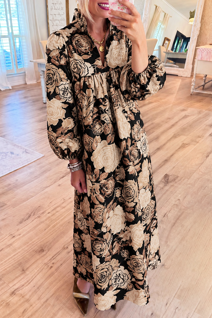 Black Rose Bubble Sleeve Maxi Dress
