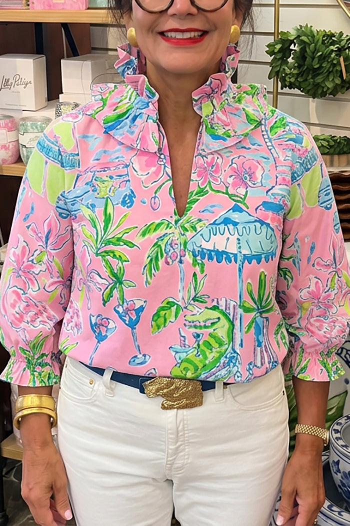 Tropical Vacation Print Ruffle Collar Top