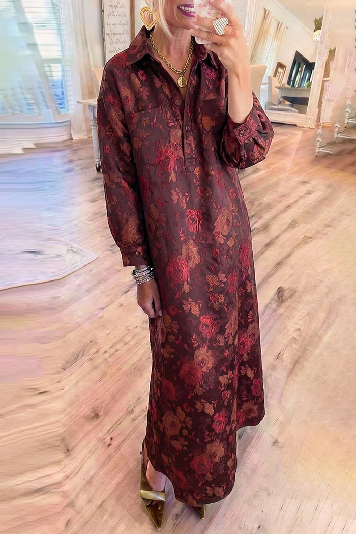 Burgundy Floral Jacquard Collared Long Sleeves Pockets Maxi Dress