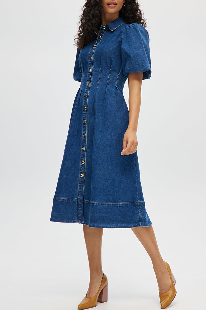 Puff Sleeve Pocketed Waisted Denim Shirt Dress