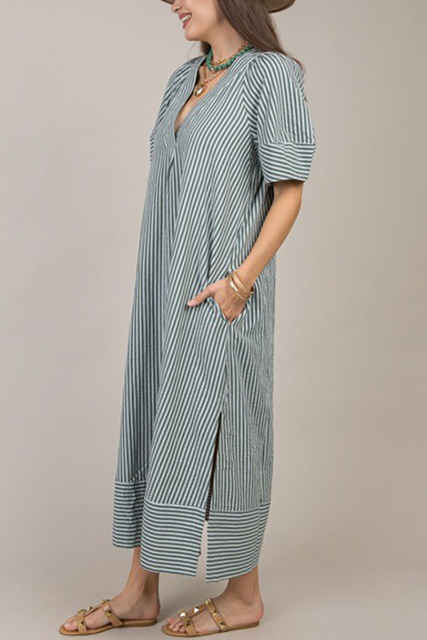 Casual Striped V-Neck Pocket Dress