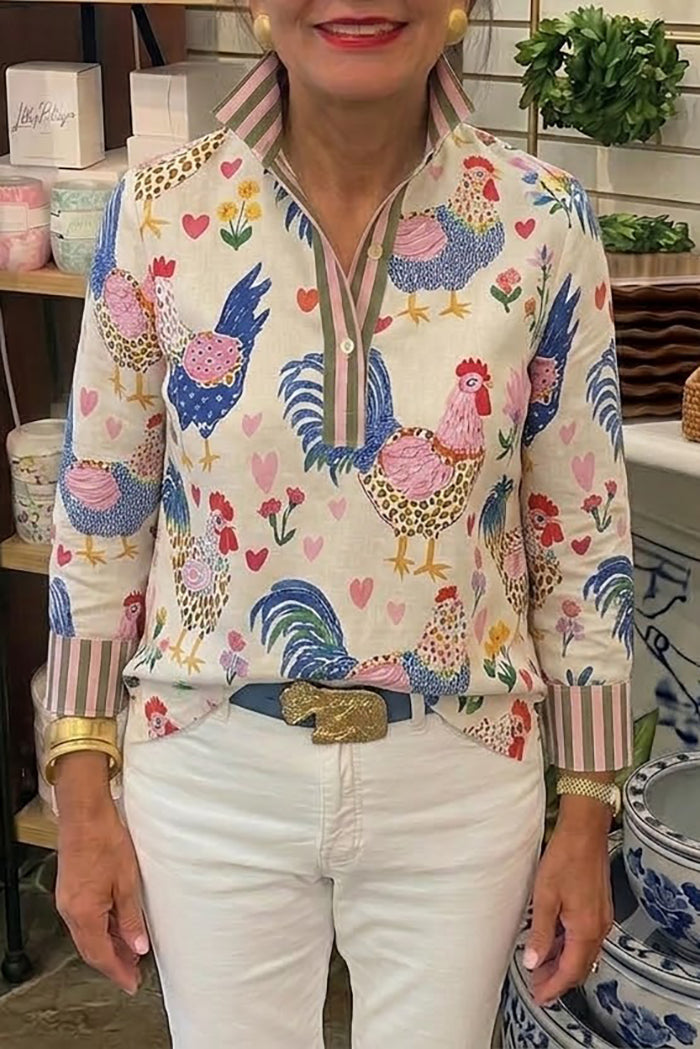 Collared Popover Rooster Floral Printed Top
