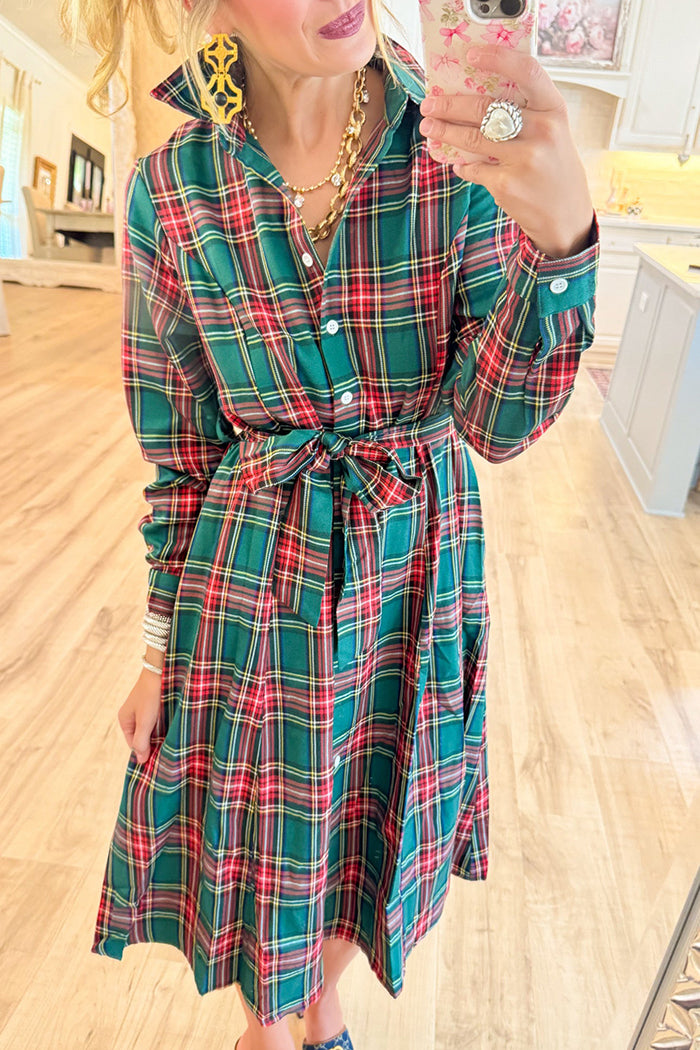 Hunter Green Multi Plaid Midi Dress