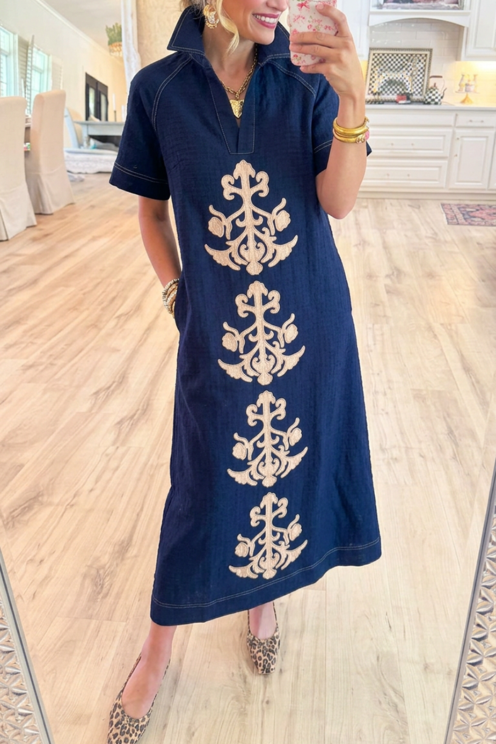 Collared Neck Pocket Denim Raglan Sleeve Maxi Dress