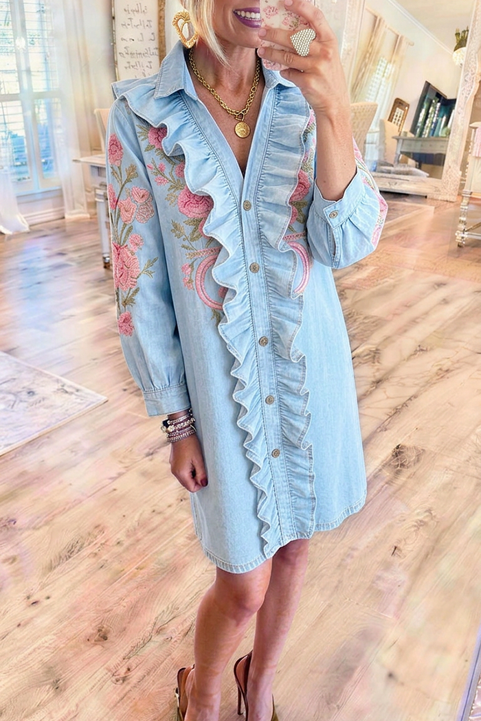 Light Wash Denim Ruffle Placket Balloon Sleeve Floral Embroidery Dress