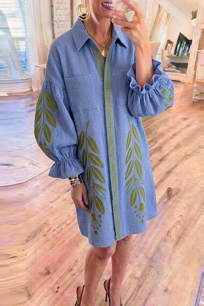 Blue Waffle Cuff Sleeve Embroidered Dress