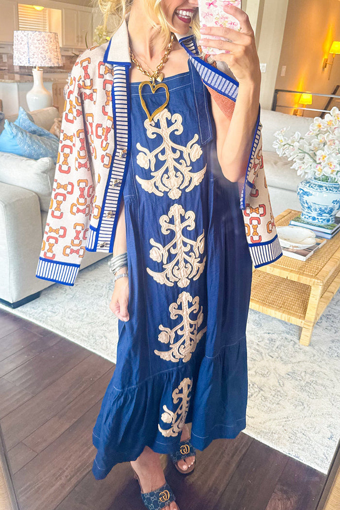 Embroidered Applique Pockets Midi Dress