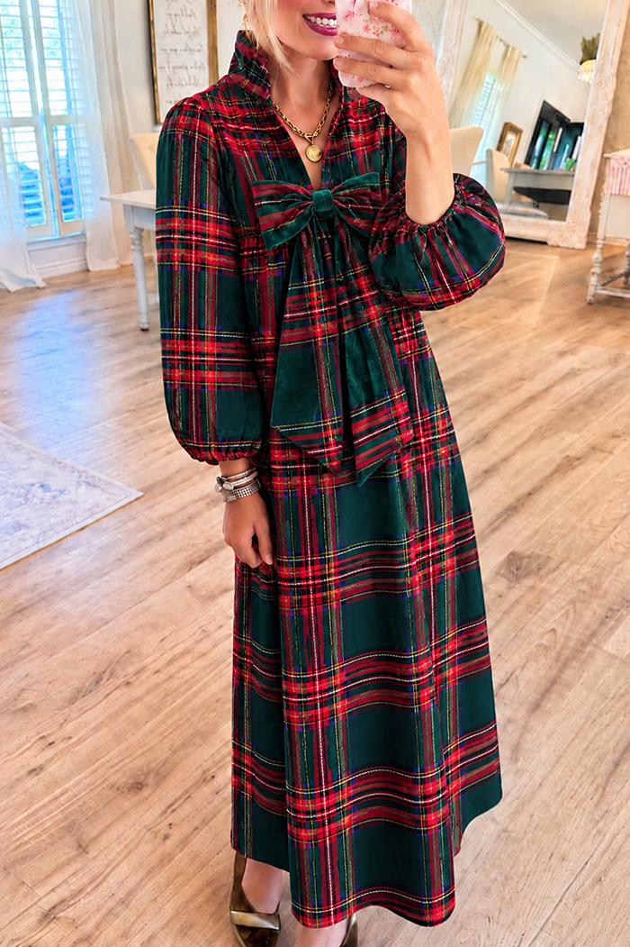 Green and Red Plaid Bow Pocket Maxi Dress