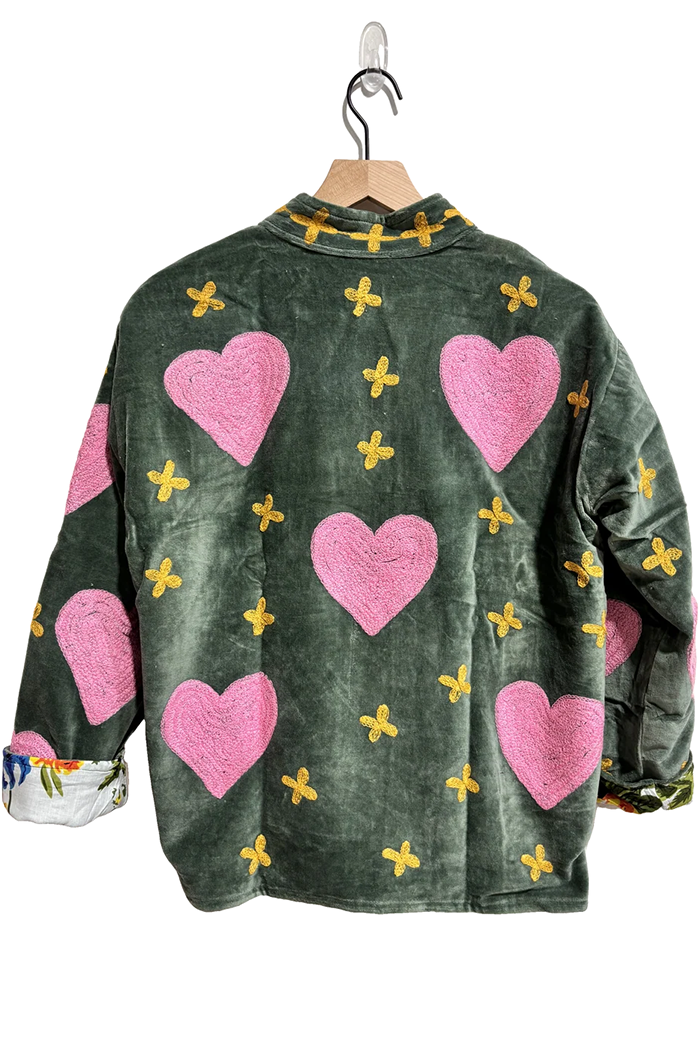 Green Velvet Heart Embroidery Jacket
