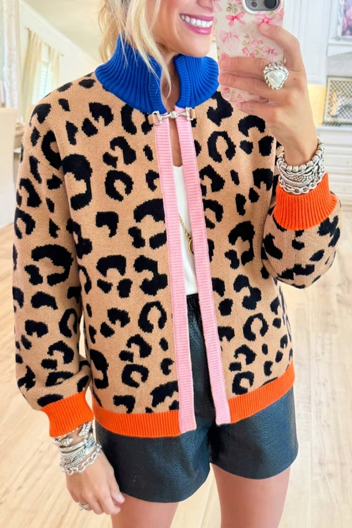Leopard Knit Open Front Cardigan