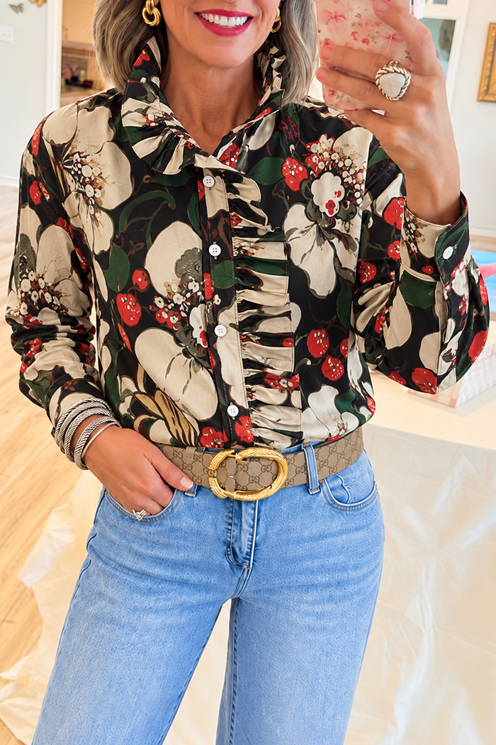 Casual Floral Print Ruffle Shirt