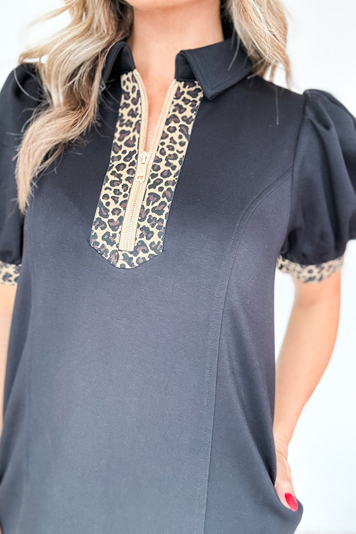 Leopard Print Trim Pocket Dress