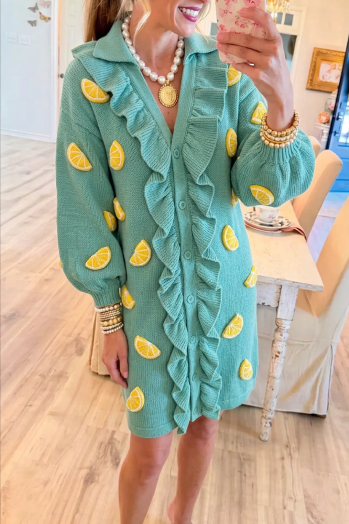 Turquoise Knit Collared Ruffle Placket Button Lemon Applique Dress
