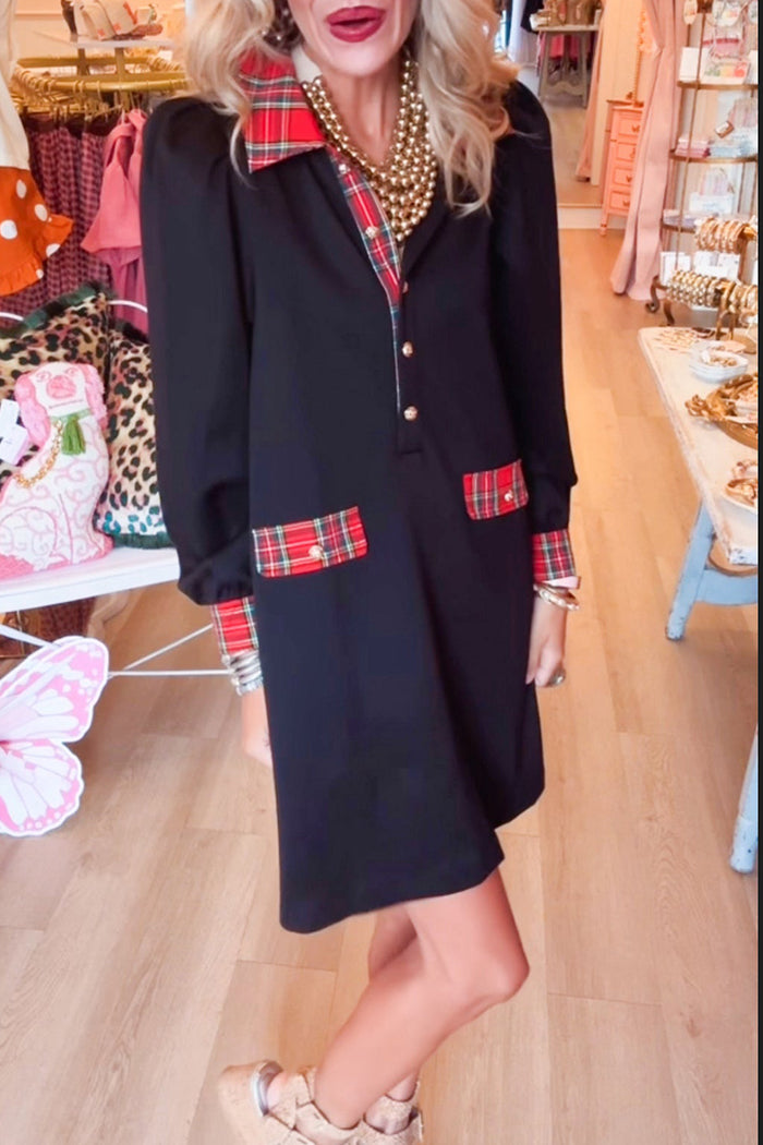 Black Plaid Accent Pocket Shift Dress