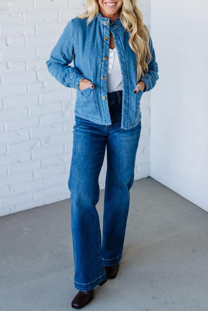 Quilted Ruffle Lined Pocket Denim Jacket